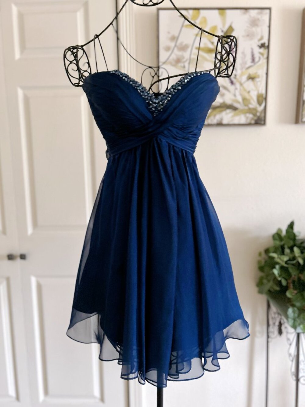 La Femme Navy Strapless Chiffon Dress with Beaded Sweetheart
